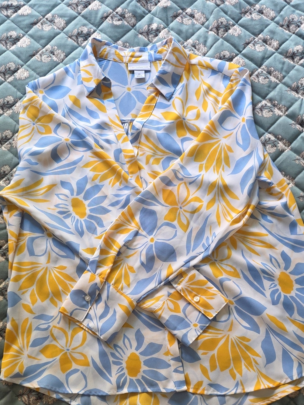 Liz Claiborne Yellow and Light Blue Floral Button-Down Shirt